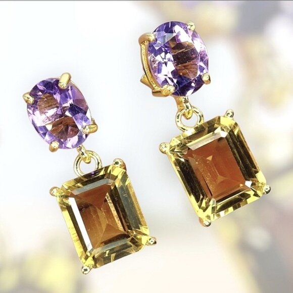 925 Sterling Silver Earrings with Natural Citrine 12x10mm & Amethyst Gems - Picture 4 of 4